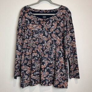 J. Jill Simply Supima Scoop-Neck Tunic Long Sleeve Navy Paisley Size Large